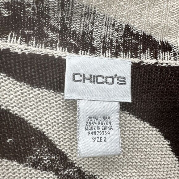 Chico's Sweater Womens Large L Open Cardigan Brown Tan Linen Blend Zebra Knit - Picture 2 of 7